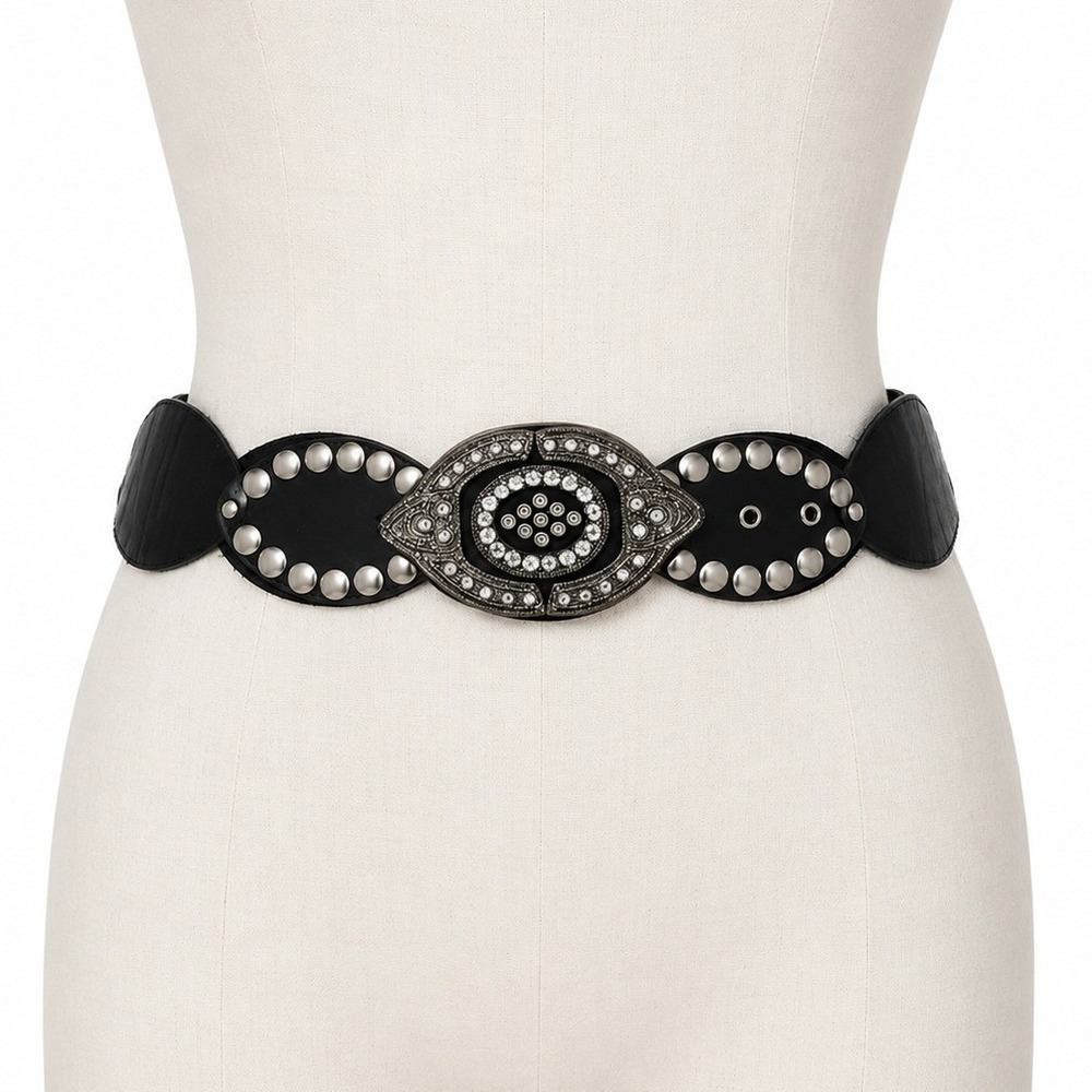 Leather Studded Belt Large 38 Bling Buckle Conch Style Black Silver Southwestern - Picture 2 of 16